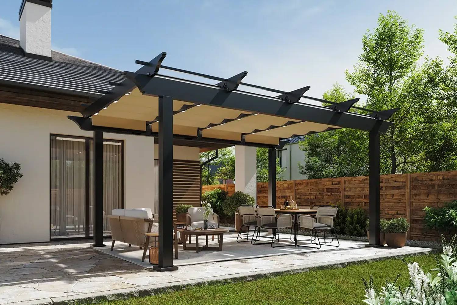 ShadeFlex Atlas aluminum pergola with retractable canopies over an outdoor living space